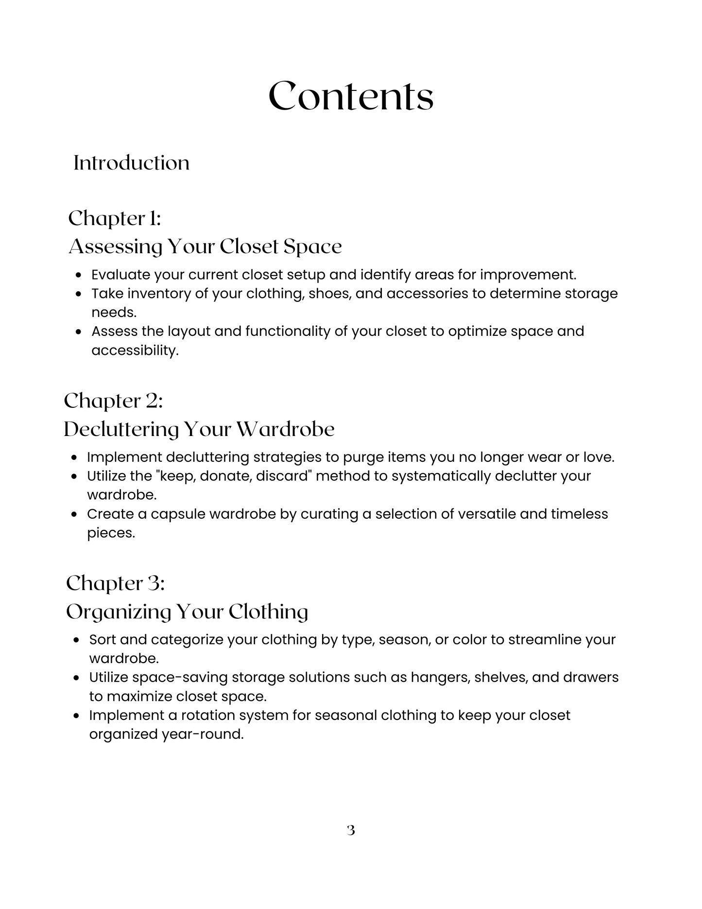 Contents for 'Closet Clarity: A Comprehensive Guide.' Declutter, organize, and style effortlessly. Say hello to closet confidence! Download now.