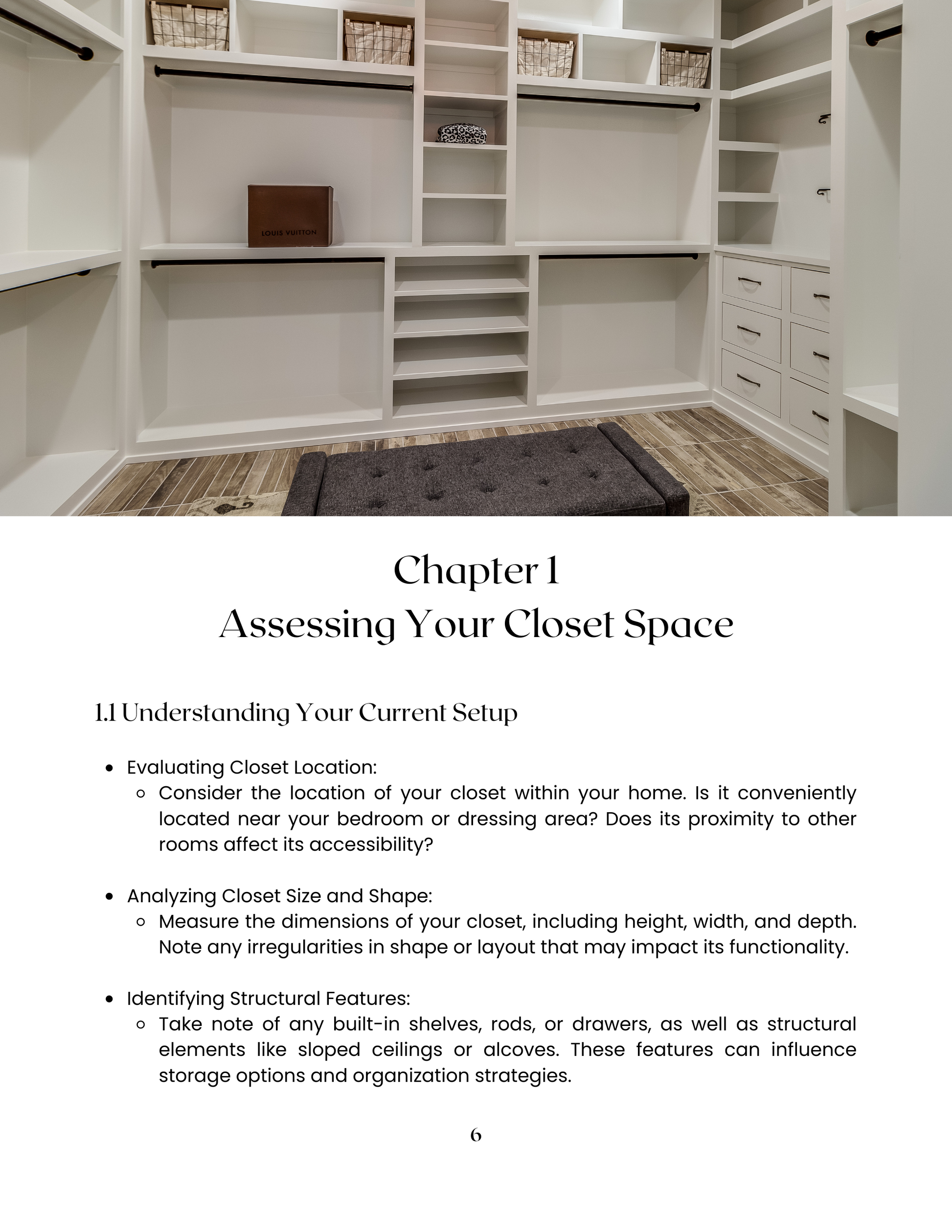 Chapter 1, Assessing Your Closet Space, 'Closet Clarity: A Comprehensive Guide.' Declutter, organize, and style effortlessly. Say hello to closet confidence! Download now.
